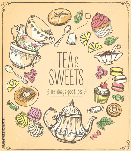 Tea ceremony vector llustration. Tea time. Tea and set of sweets