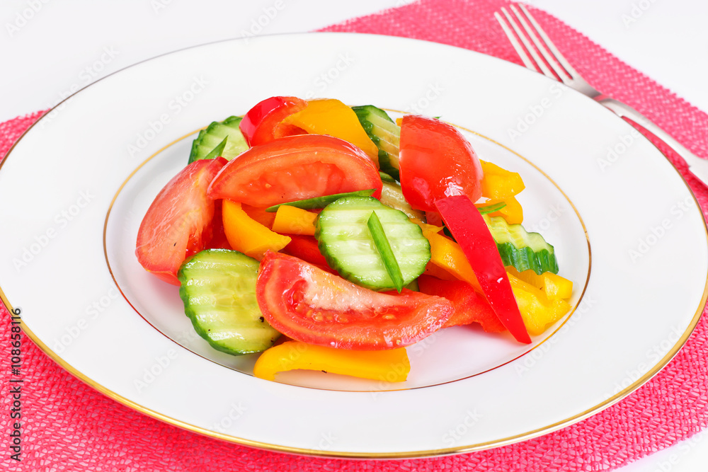 Healthy and diet food: Lettuce, tomato, pepper, seeds, oil, salt Healthy and diet food: Lettuce, tomato, pepper, seeds, oil, salt