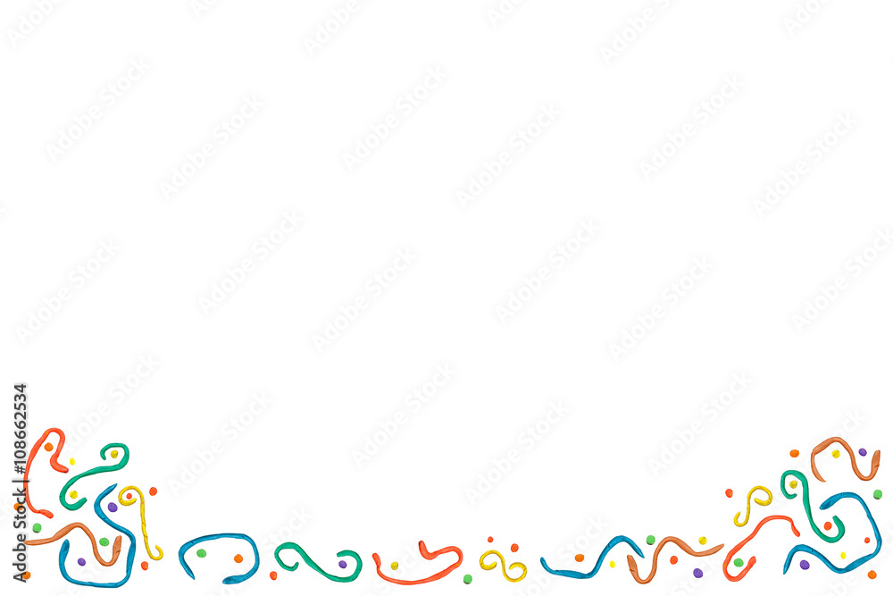 Border from plasticine details, the children's hand-made article isolated on a white background