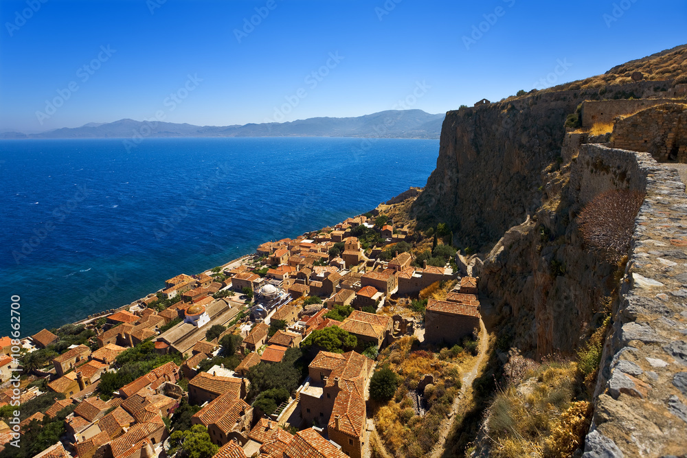 Greece. Monemvasia - view of the lower town from walls surrounded the upper town