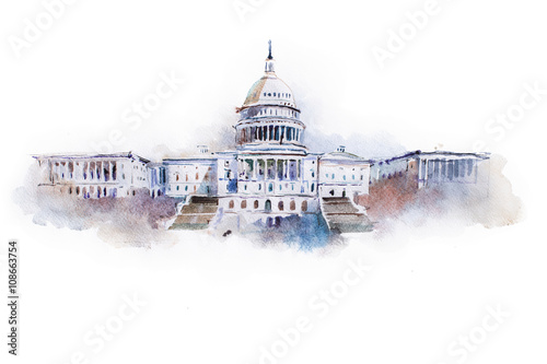 watercolor drawing of the white house in Washington dc