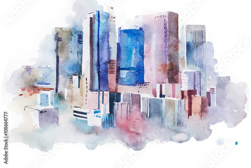 watercolor drawing cityscape big city downtown, aquarelle painting
