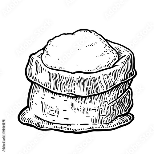 Sack with whole flour. Hand drawn sketch style. Vintage black vector engraving illustration for label, web, flayer bakery shop.  Isolated on white background