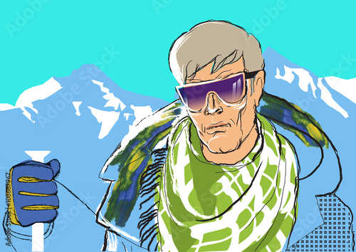 young man skiing. mountain landscape.vector background.