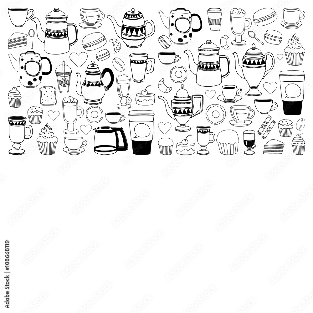 Doodle coffee shop items with seamless pattern
