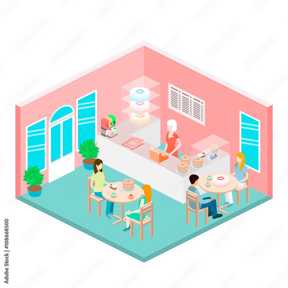Plakat Izometryczne wnętrze cukierni. Ludzie siedzą przy stole i jedzą.