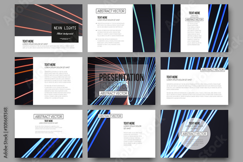 Set of 9 templates for presentation slides. Abstract lines background, motion design vector illustration