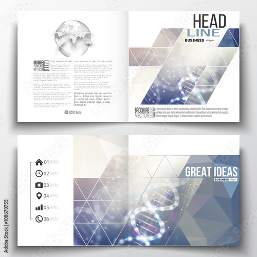 Set of square design brochure template. DNA molecule structure on a blue background. Science vector.