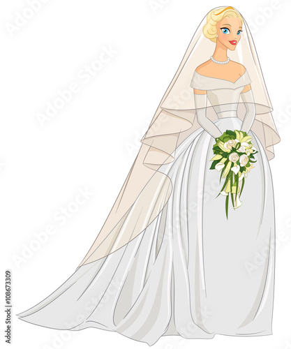 Blonde bride with veil and bouquet. Vector illustration isolated