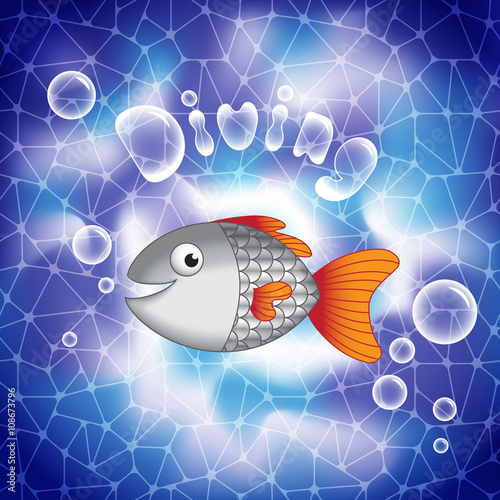 Cute cartoon smiling fish in deep sea waters.