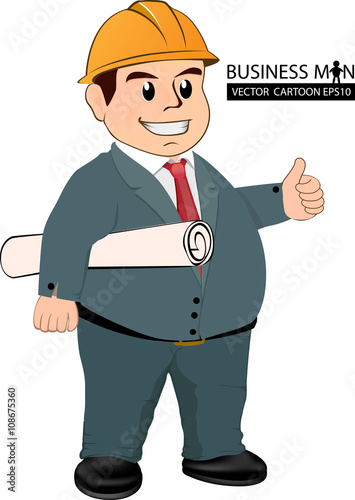 Construction worker, engineer or architect holding projects blueprints cartoon fat character.- vector illustration