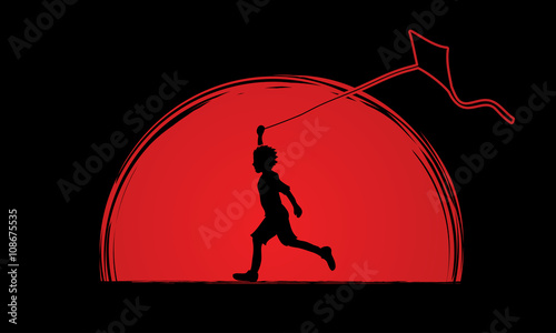 Little boy running with kite designed on sunrise graphic vector.