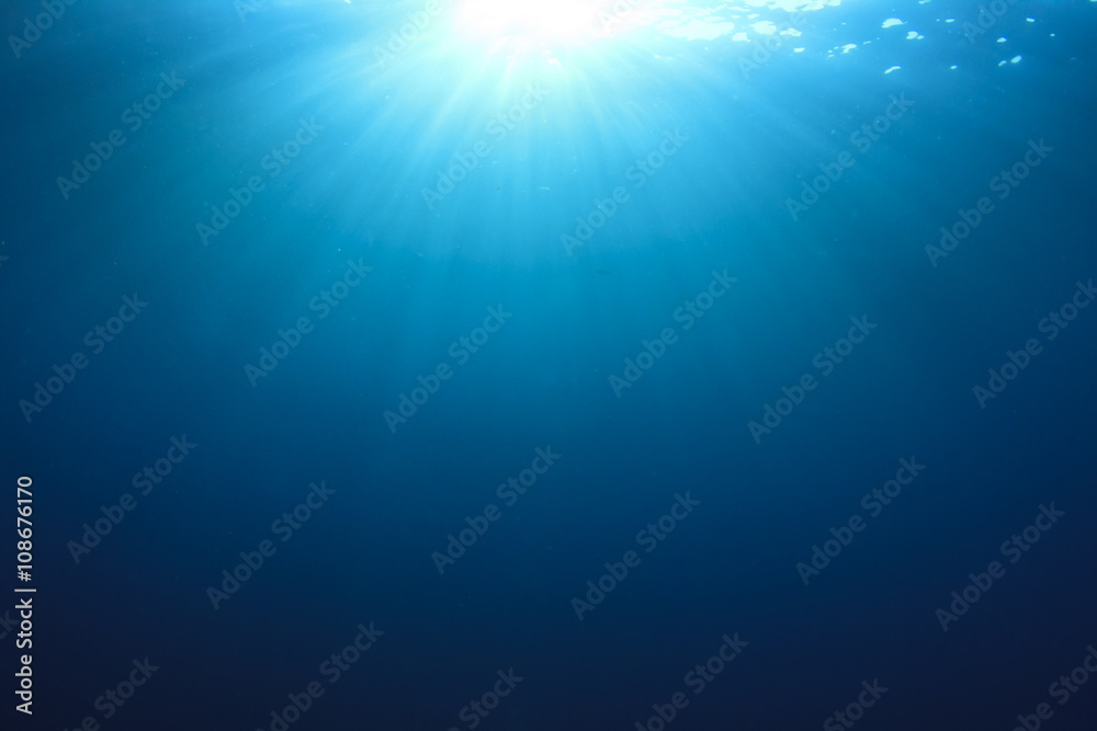 Obraz premium Underwater blue ocean sunlight background