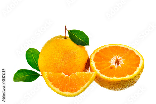 Orange fruit with leaves isolated on white background