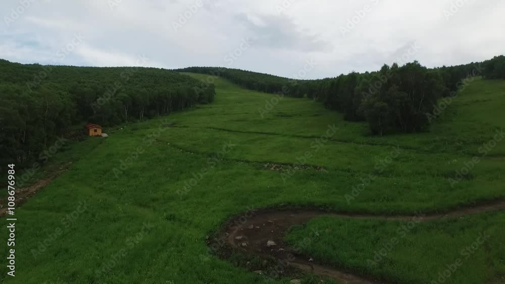 Aerial of ski resort in summer, alpine meadow, Aerial of ski resort in summer, alpine meadow,
