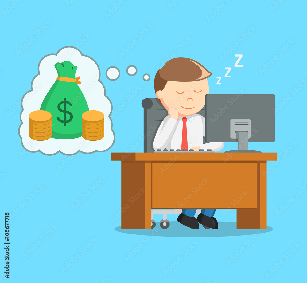 businessman sleep at work and dreaming of money