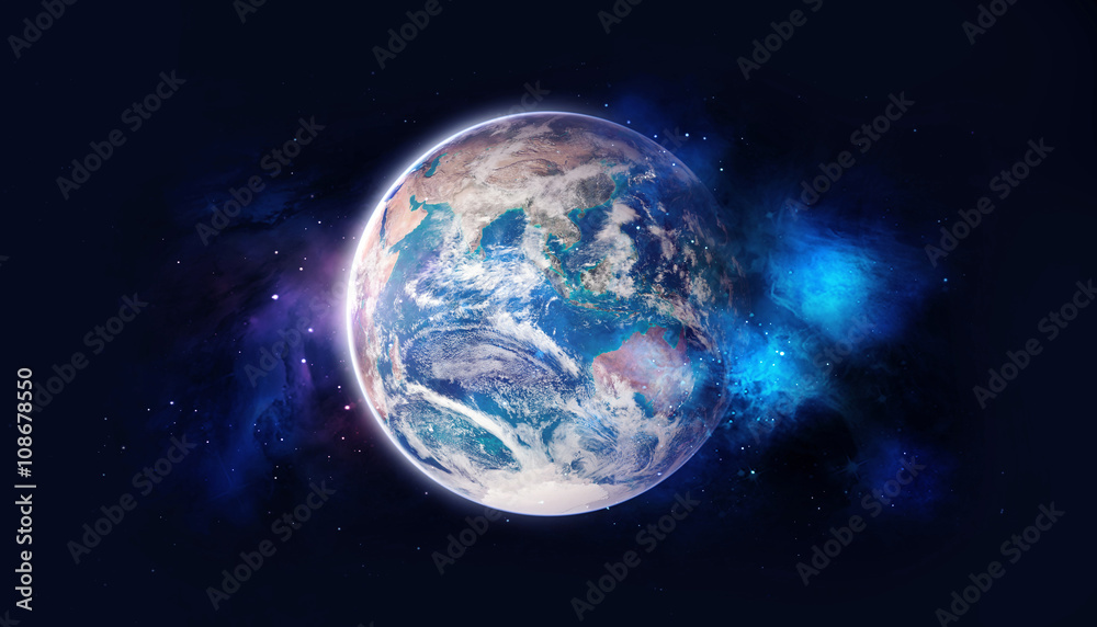 Planet in the background galaxies and luminous stars, over color - Elements of this Image Furnished by NASA