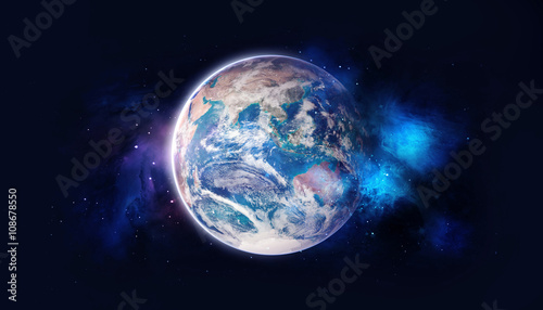 Fototapeta Naklejka Na Ścianę i Meble -  Planet in the background galaxies and luminous stars, over color - Elements of this Image Furnished by NASA