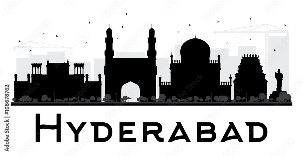 Hyderabad City skyline black and white silhouette.