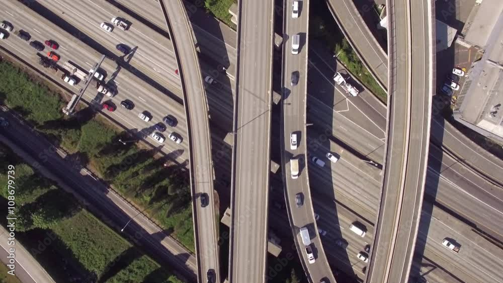 Overhead Aerial of American Commuters in Freeway Traffic on Sunny Day