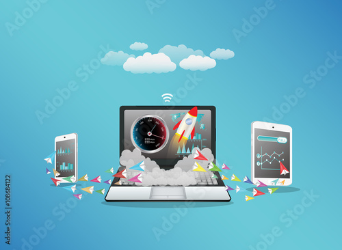 Laptop smart phone and tablet transferring data with hi speed internet
