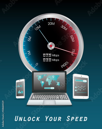 laptop smartphone and tablet with internet speed meter
