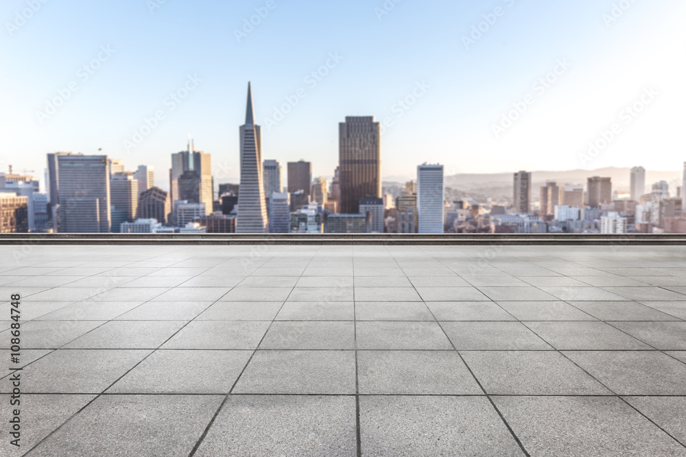 empty marble floor with cityscap and skyline of san francisco