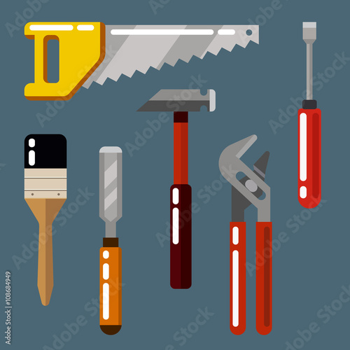 A set of working tools displayed. Construction tools icons. Flat style vector illustration