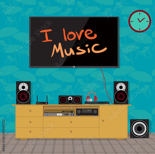 Home cinema system in interior room. Home theater flat vector il