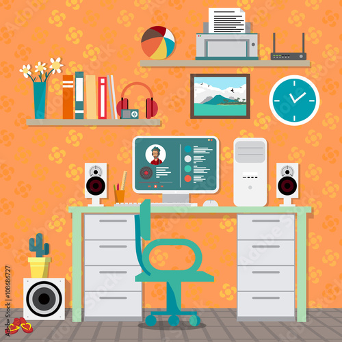 Flat modern design vector illustration concept of home workspace