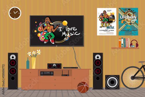 Home cinema system in interior room with bike. Home theater flat