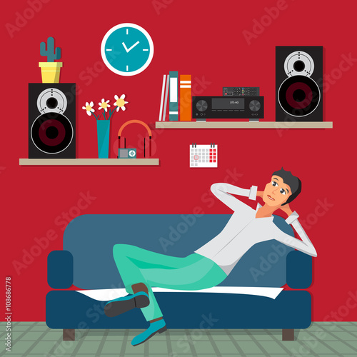 Home sound system in interior room. Home music flat vector illus