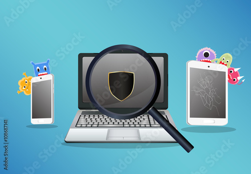 laptop smartphone and tablet scaning for find a virus computer