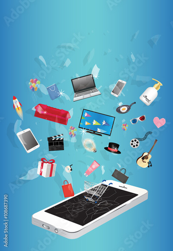 smart device television shampoo guitar gift box cosmetic tube cmovie film hat pan paper bag shopping cart floating over broken screen smart phone device