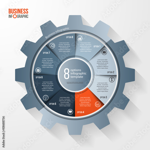 Vector business and industry gear style circle infographic template for graphs, charts, diagrams and other infographics. Business concept with 8 options, parts, steps, processes. Gear style logo.