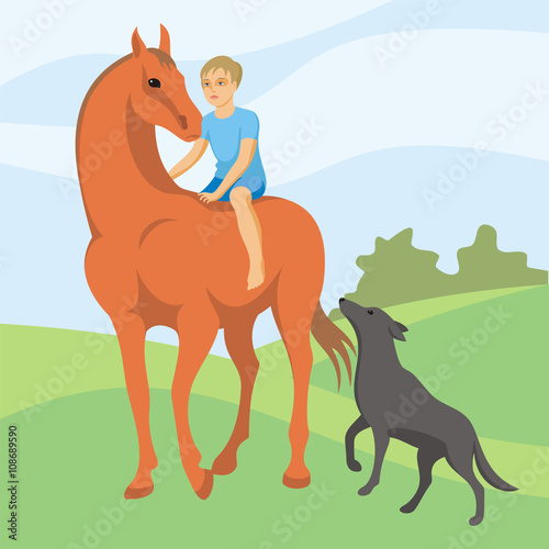 the little boy makes horse walk accompanied by a dog