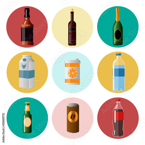 Different Beverages. Drinks in Ware. Icons Set. 