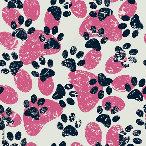Vector seamless pattern with cat or dog footprints. Cute colorfu