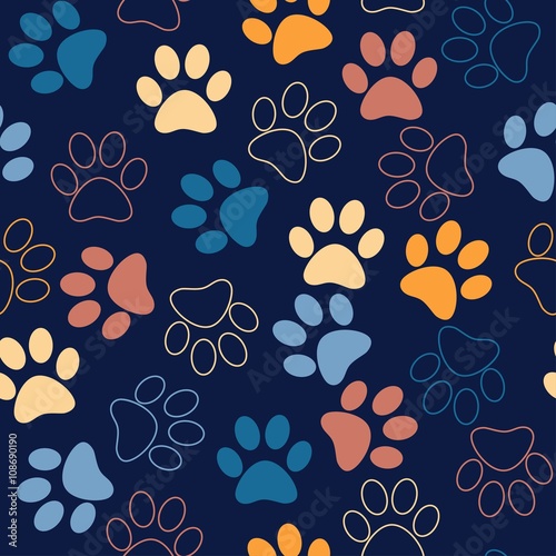 Vector seamless pattern with cat or dog footprints. Cute colorfu