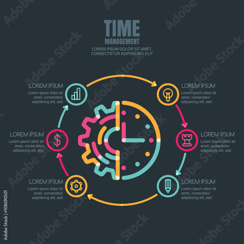 Time management and planning, business  infographics design template. Gear cog and clock linear symbol and business icons set. Abstract outline illustration on black background. 
