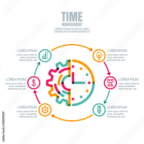 Time management, planning business concept. Vector infographics design template. Cogwheel and clock linear symbol and business icons set. Abstract outline illustration, isolated on white background. 