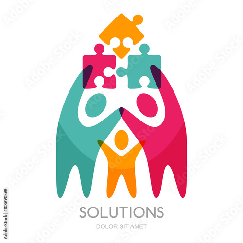 Vector logo with human and puzzle. Concept for business solutions, team building, consulting, project management, strategy and development. Abstract illustration of people and successful team work. 