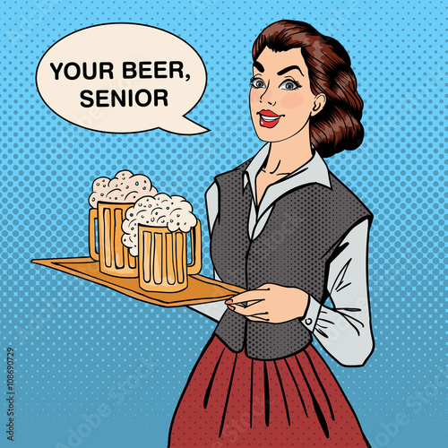 Waitress with Beer. Woman Holding a Tray with Glasses of Beer. Pop Art