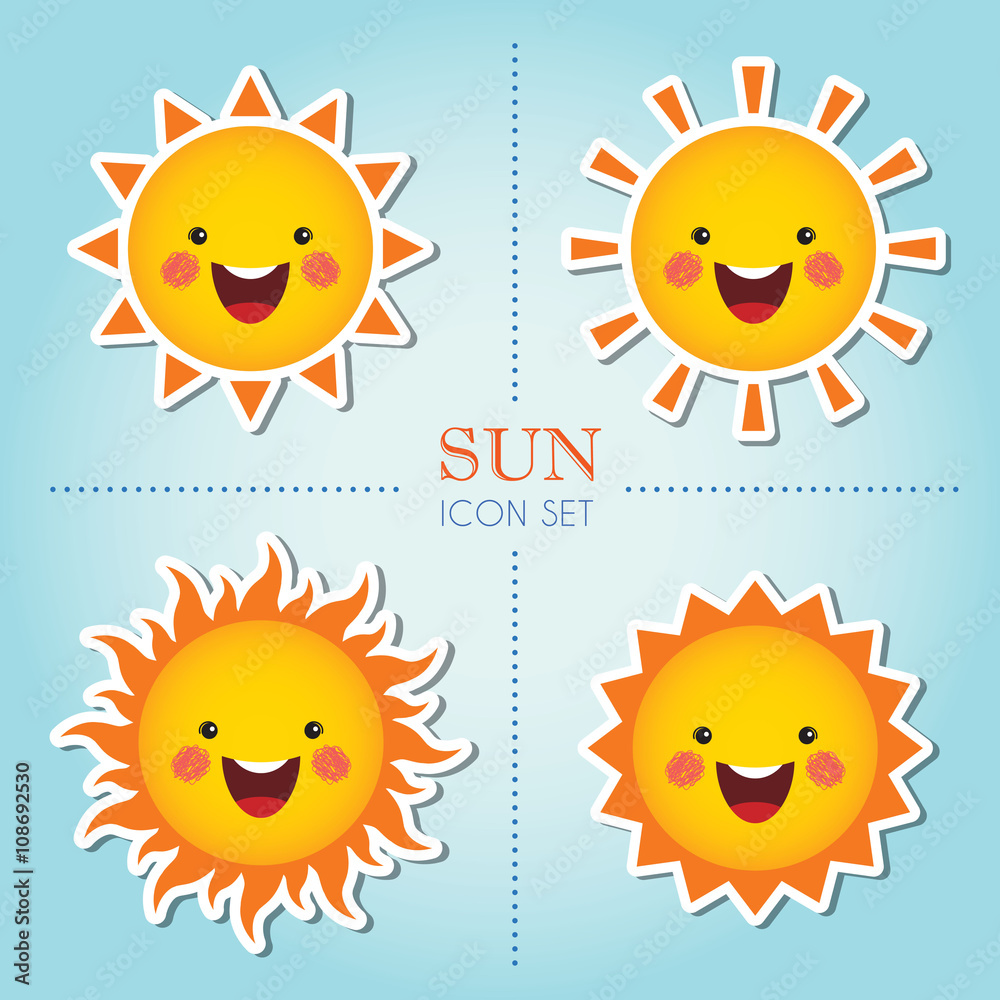 Set of cute smiling sun cartoon character in difference shapes / Sun icon set / Summer vector illustration. Set of cute smiling sun cartoon character in difference shapes / Sun icon set / Summer vector illustration.