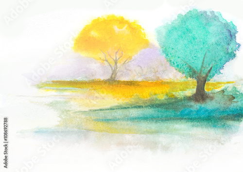 autumn watercolor abstract background with lake and trees © flowerstock