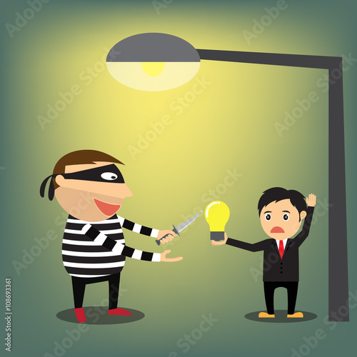Idea Stealing. Thieves robbed idea from businessman, vector illu