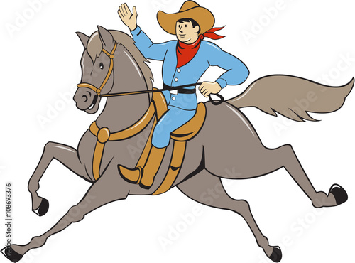 Cowboy Riding Horse Waving Cartoon