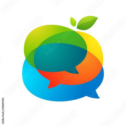 Speech bubble with green leaf logo.