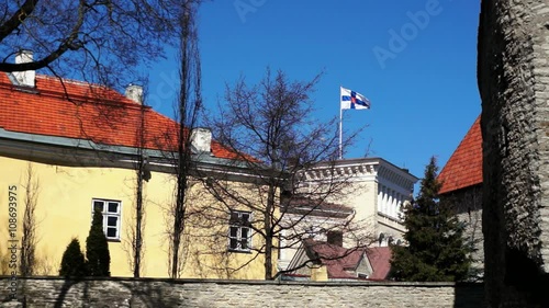 Flag of Finland waving above the embassy of Finland
