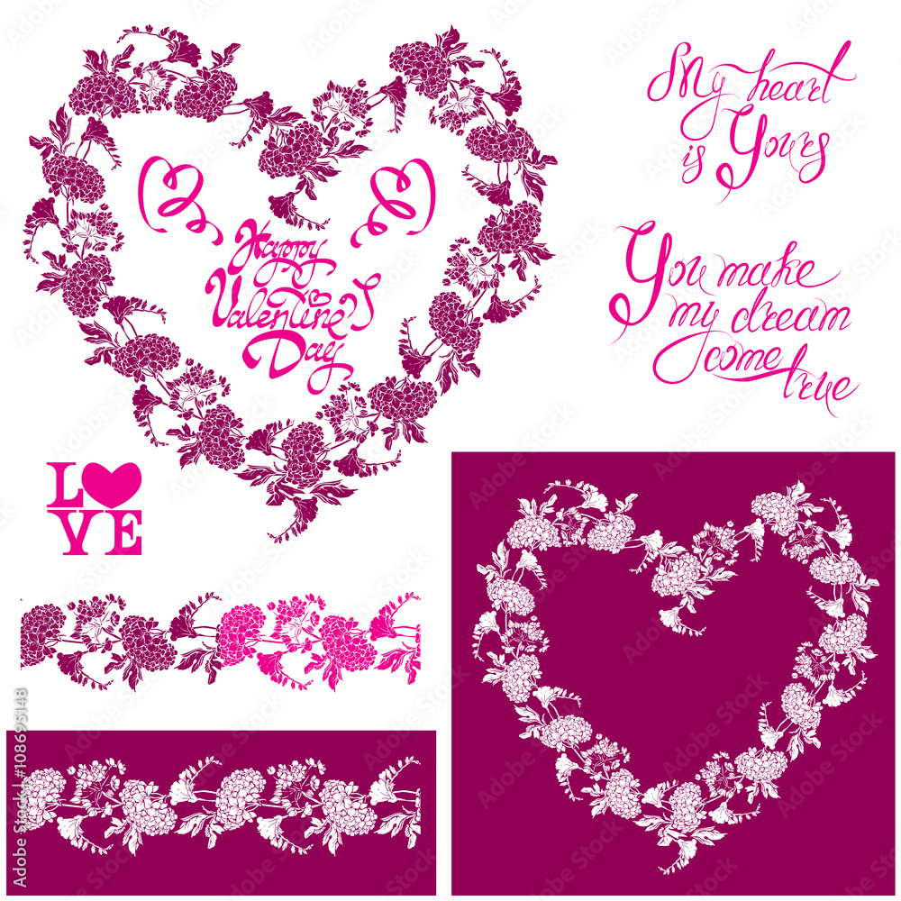Floral elements: heart frame, seamless border with flowers, call